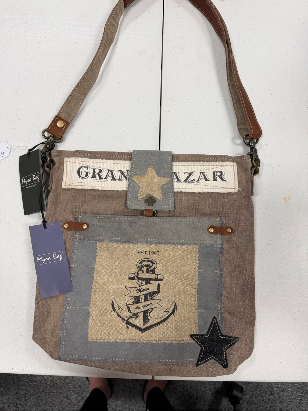 Myra Bag Taupe and Gray Canvas Messenger with Anchor Patch